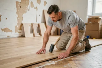 Pose de parquet contrecollé en chêne sur un ancien parquet usé lors d'une rénovation appartement