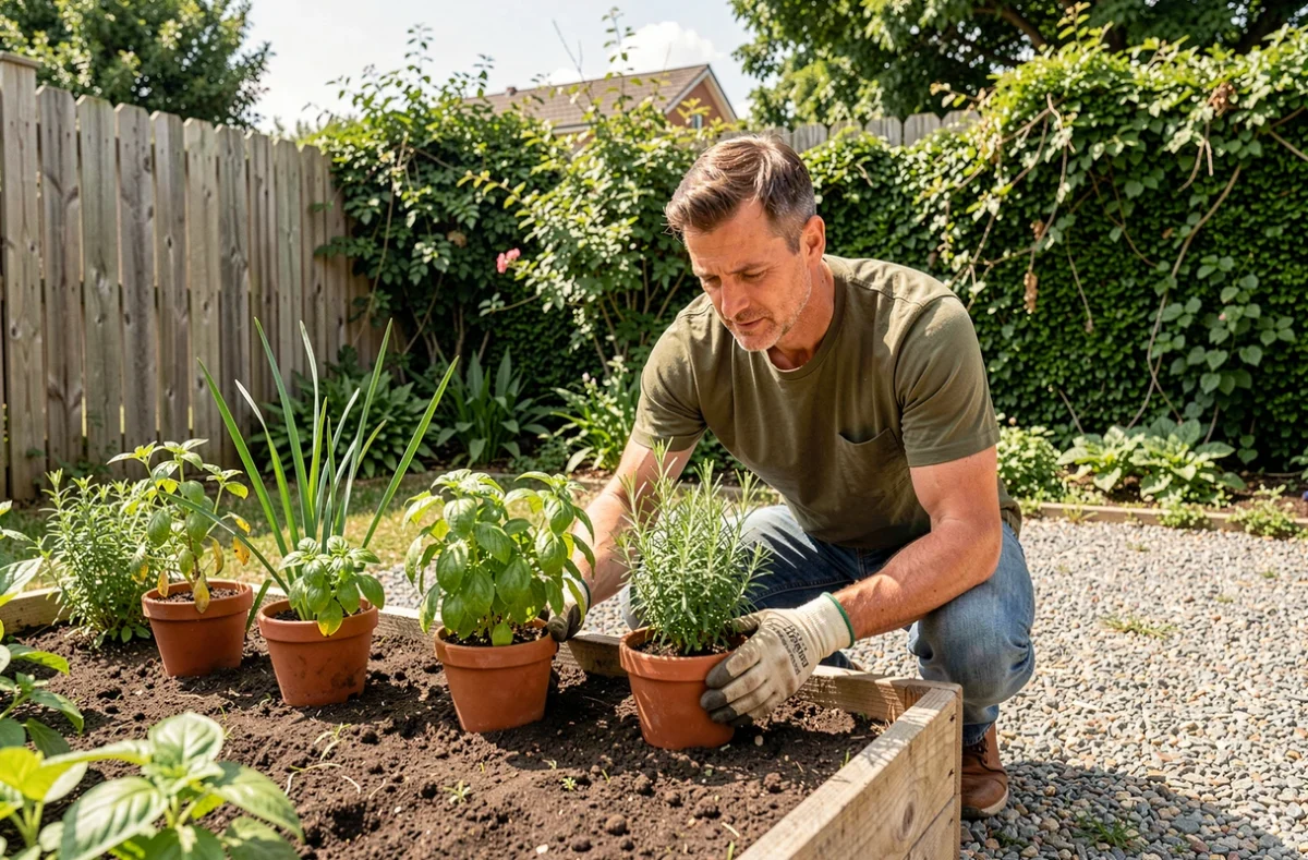 Homme installant des pots de basilic et de citronnelle dans un potager pour repousser les insectes naturellement
