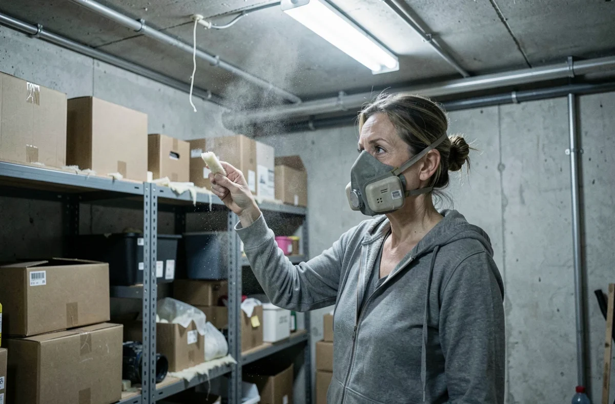 Propriétaire constatant des infiltrations de poussière liées à une isolation soufflée mal installée dans une pièce utilitaire