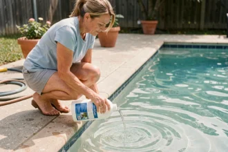 Femme versant un produit clarifiant dans une piscine trouble dans un jardin privé