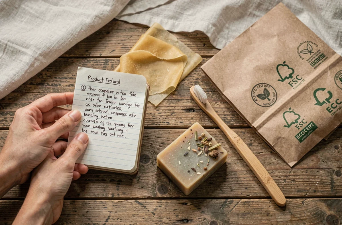 Sélection de produits éco-certifiés avec logos durabilité et notes d'évaluation sur table en bois
