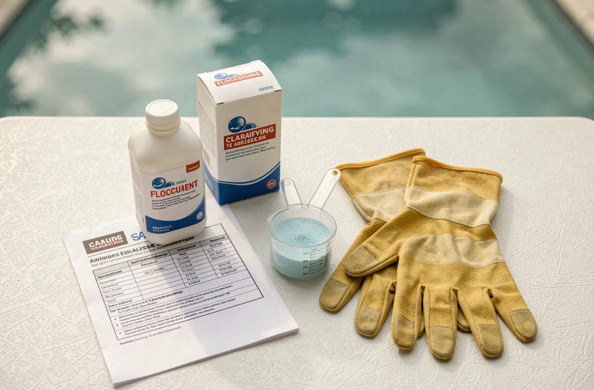 Produits de traitement piscine pour eau trouble disposés sur une table de jardin en vue du dessus