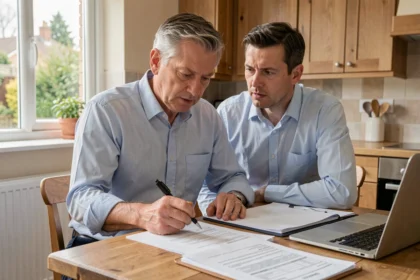 Propriétaire consultant des documents de financement pour une rénovation de toiture à domicile