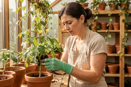 Jardinière inspectant les feuilles d'une plante de tomate pour détecter des signes de virus dans une serre domestique