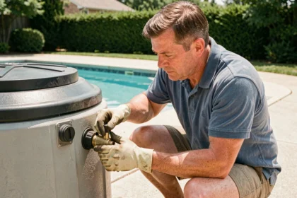 Homme effectuant la purge d'un filtre à sable de piscine en tournant la vanne multivoie en position de lavage à contre-courant