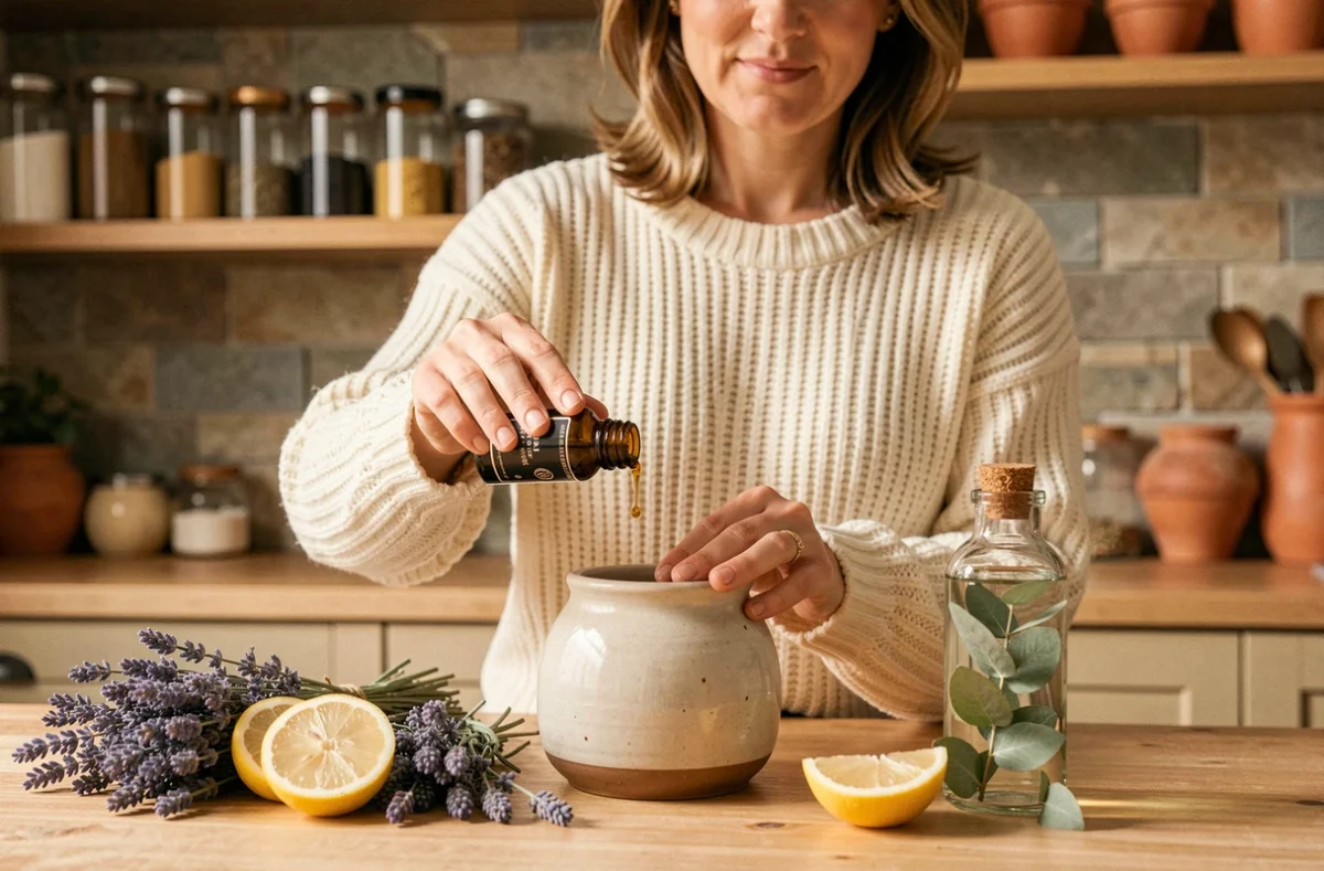 Femme préparant un diffuseur d'huiles essentielles dans une cuisine naturelle pour purifier l'air intérieur