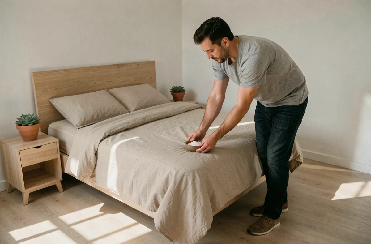 Homme plaçant des bols de sel gemme dans les coins d'une chambre à coucher pour assainir l'espace
