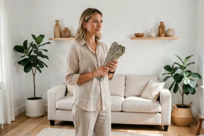 Femme tenant un fagot de sauge blanche pour purifier son salon naturellement