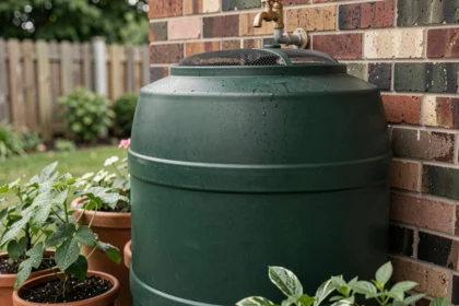 Récupérateur d'eau de pluie en polyéthylène vert installé contre un mur en brique avec robinet en laiton et filtre anti-débris dans un jardin résidentiel