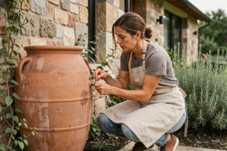 Femme récupérant l'eau de pluie dans un tonneau en terre cuite contre le mur d'une maison bioclimatique en pierre