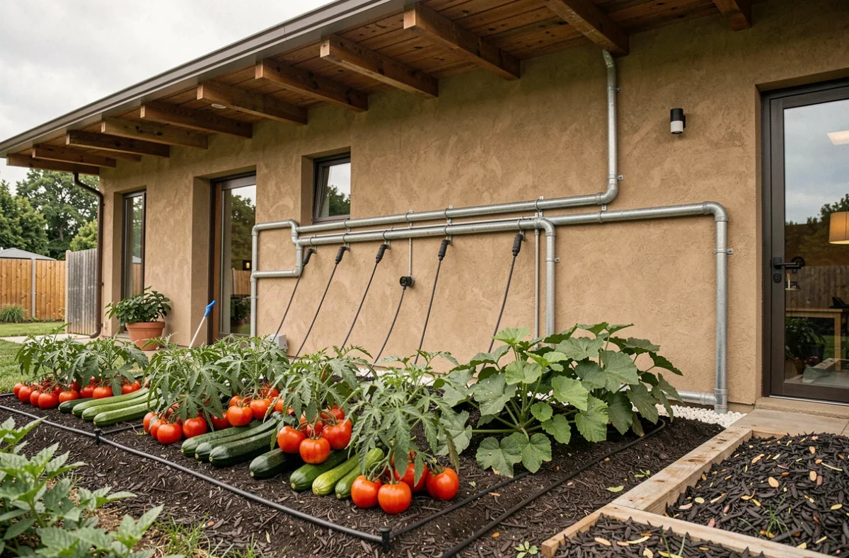 Système de recyclage des eaux grises reliant une maison bioclimatique à un potager irrigué par goutte-à-goutte