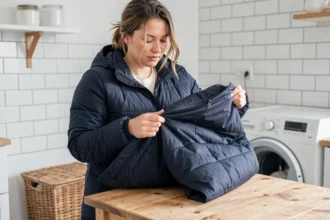 Femme qui redonne du gonflant à une doudoune après lavage en la secouant dans une buanderie
