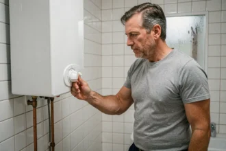 Homme réglant le thermostat d'un ballon d'eau chaude électrique dans une salle de bain carrelée pour réduire sa consommation d'électricité