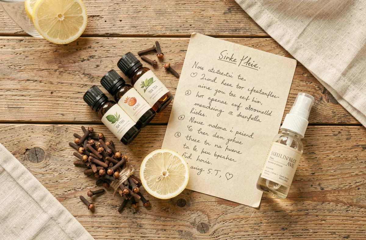 Flat lay de remèdes naturels contre les insectes avec huiles essentielles, clous de girofle et citron sur table en bois