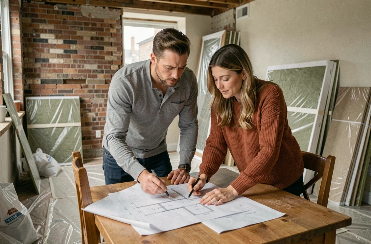 Couple étudiant des plans d'architecte pour agrandir leur appartement en cours de rénovation