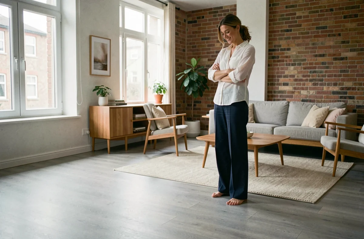 Salon rénové avec parquet stratifié gris posé sur un ancien parquet, femme admirant le résultat