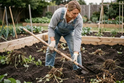 Femme retournant la terre d'un potager avec une bêche pour éliminer les mauvaises herbes