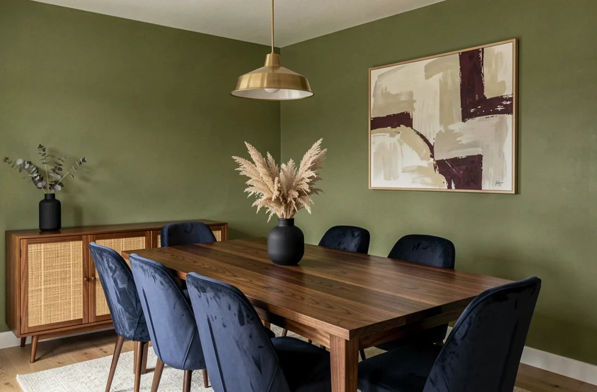 Salle à manger avec murs vert olive et chaises en velours bleu marine autour d'une table en noyer massif