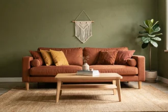 Salon moderne avec murs vert olive, canapé en lin terracotta et coussins jaune moutarde dans un intérieur chaleureux