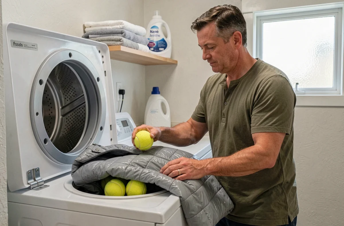 Homme mettant des balles de tennis dans un sèche-linge avec une doudoune plate pour lui redonner du volume