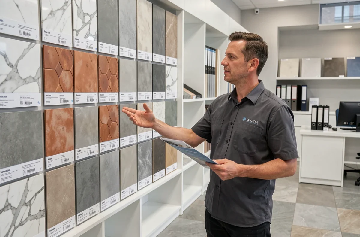 Conseiller en magasin de carrelage présentant une large gamme de carreaux pour travaux de rénovation longue durée