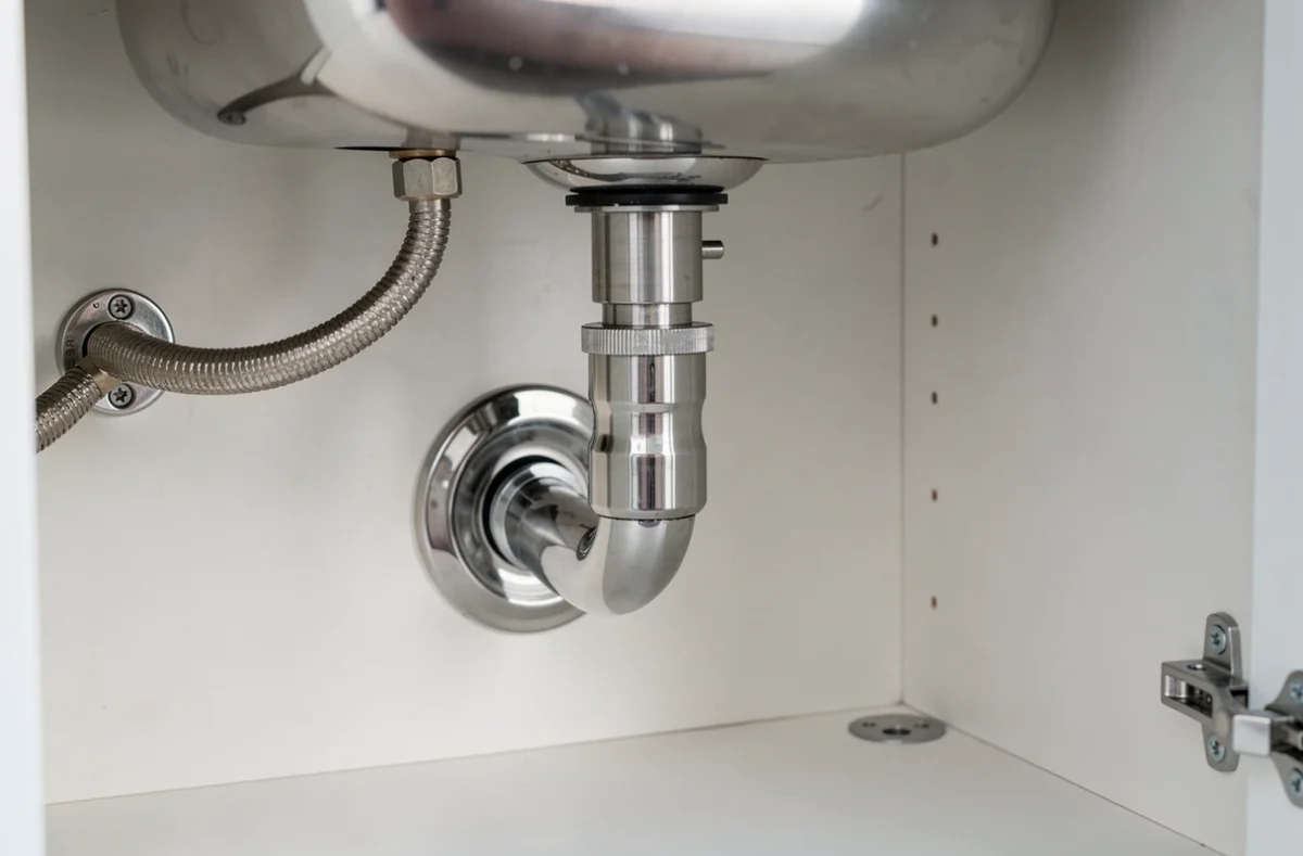 Siphon d'évier nettoyé sous un meuble de cuisine