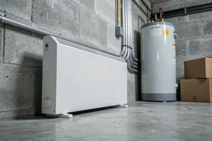 Radiateur électrique à plinthes installé dans un sous-sol résidentiel avec murs en blocs de béton et sol en béton poli