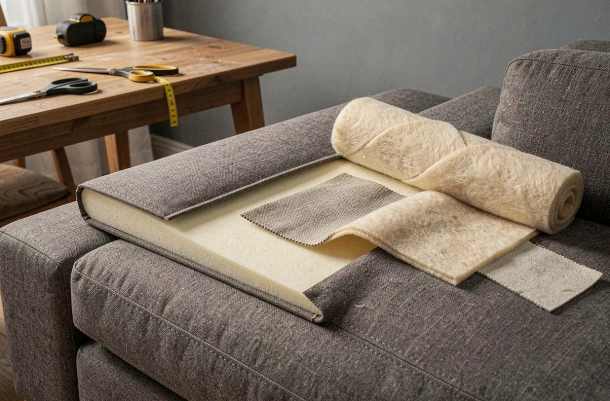 Détail de la structure interne d'un coussin de canapé avec mousse et ouate pour améliorer l'assise