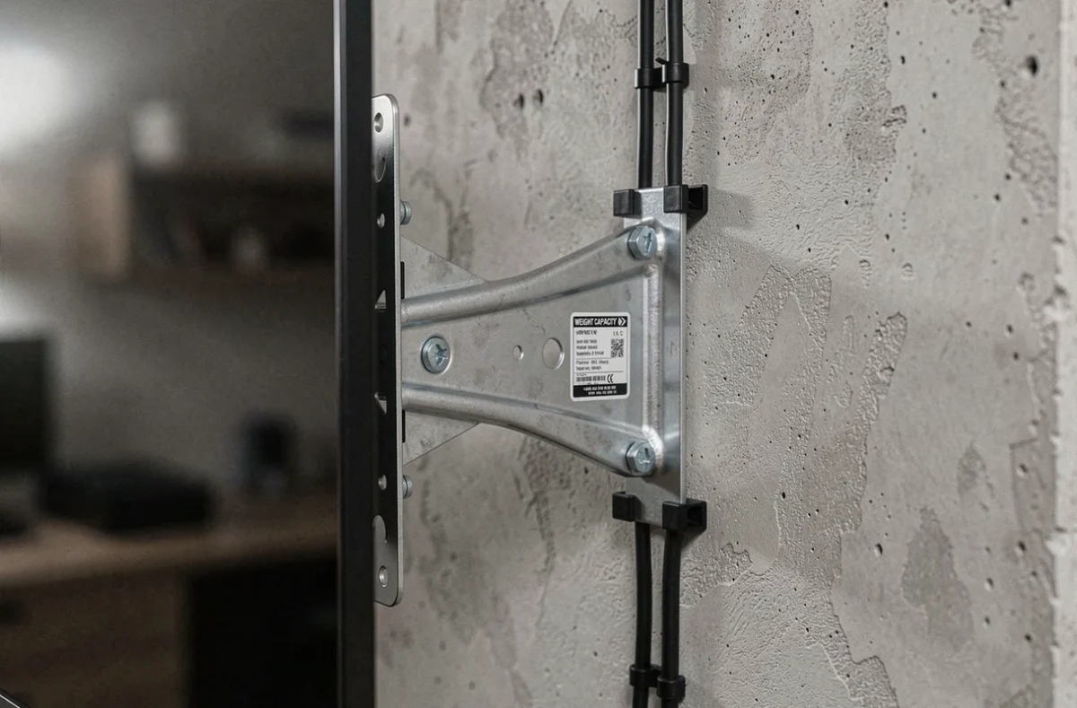 Gros plan sur un support mural robuste pour téléviseur avec indication de charge maximale, fixé sur un mur en béton