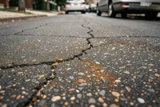 Gros plan sur une surface d'enrobé bitumineux vieilli avec fissures et oxydation sur une rue résidentielle