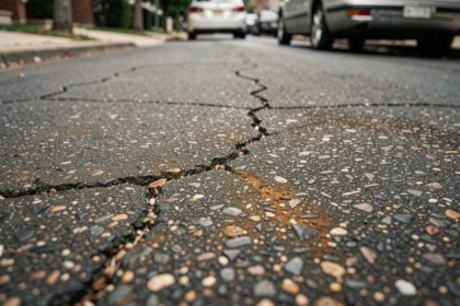 Gros plan sur une surface d'enrobé bitumineux vieilli avec fissures et oxydation sur une rue résidentielle