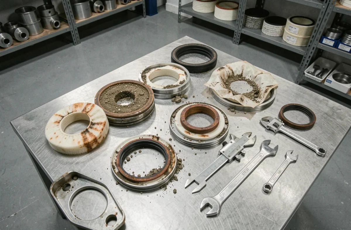 Vue aérienne d'un système de filtration industrielle démonté sur un établi, révélant l'usure des membranes et les dépôts de sédiments illustrant les inconvénients de la filtration qualité