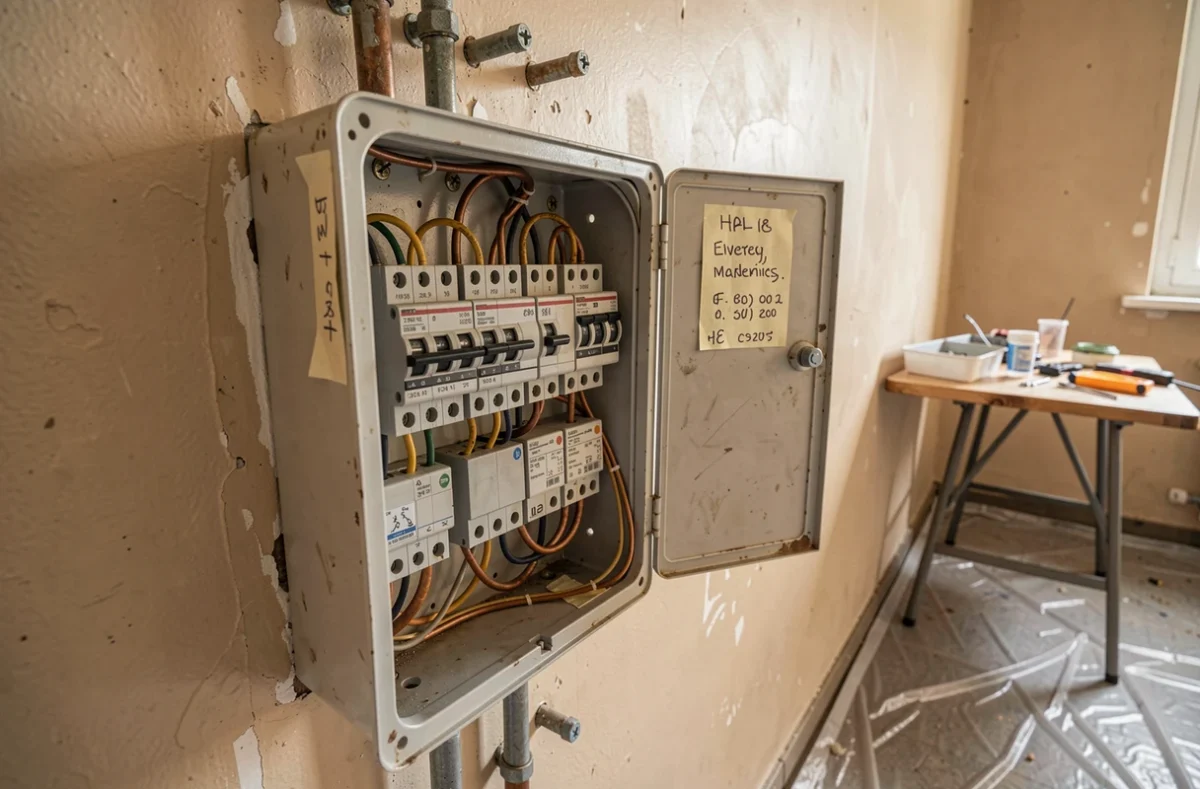 Tableau électrique résidentiel ouvert montrant disjoncteurs et câblage avant rénovation
