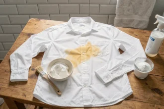 Tache de transpiration incrustée sous l'aisselle d'une chemise blanche avec produits de nettoyage naturels posés sur une table en bois
