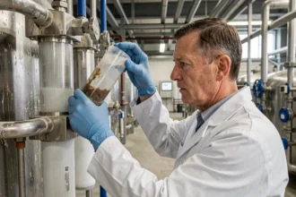 Technicien inspectant un filtre industriel colmaté dans une usine de traitement d'eau, illustrant les inconvénients d'un système qualité par filtration