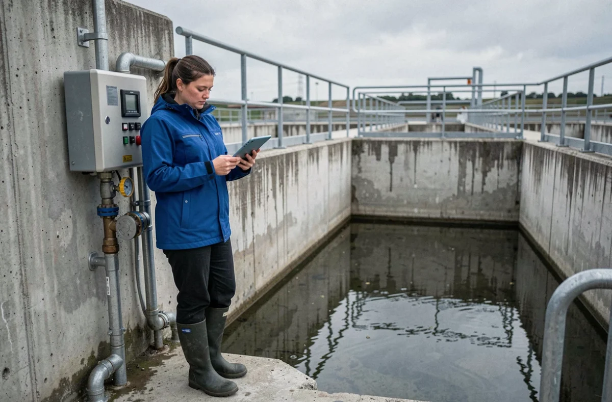Technicienne inspectant un bassin de rétention des eaux pluviales dans une installation de traitement des eaux
