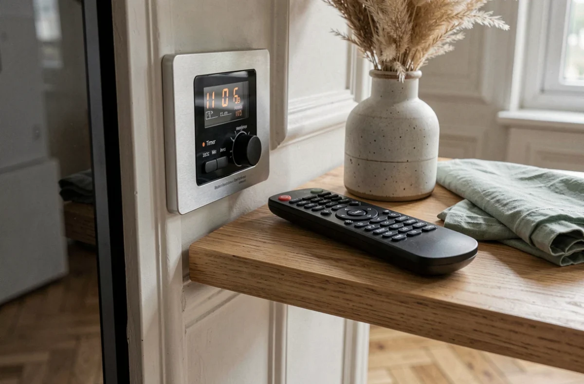 Panneau de commande d'une cheminée électrique avec télécommande et thermostat numérique sur une étagère en chêne