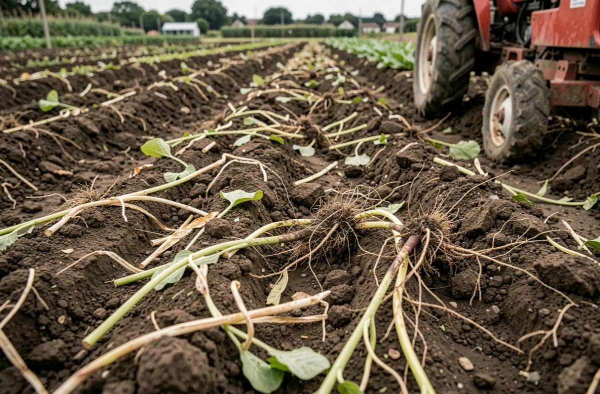 Gros plan sur la terre retournée d'un jardin avec des racines de mauvaises herbes arrachées visibles