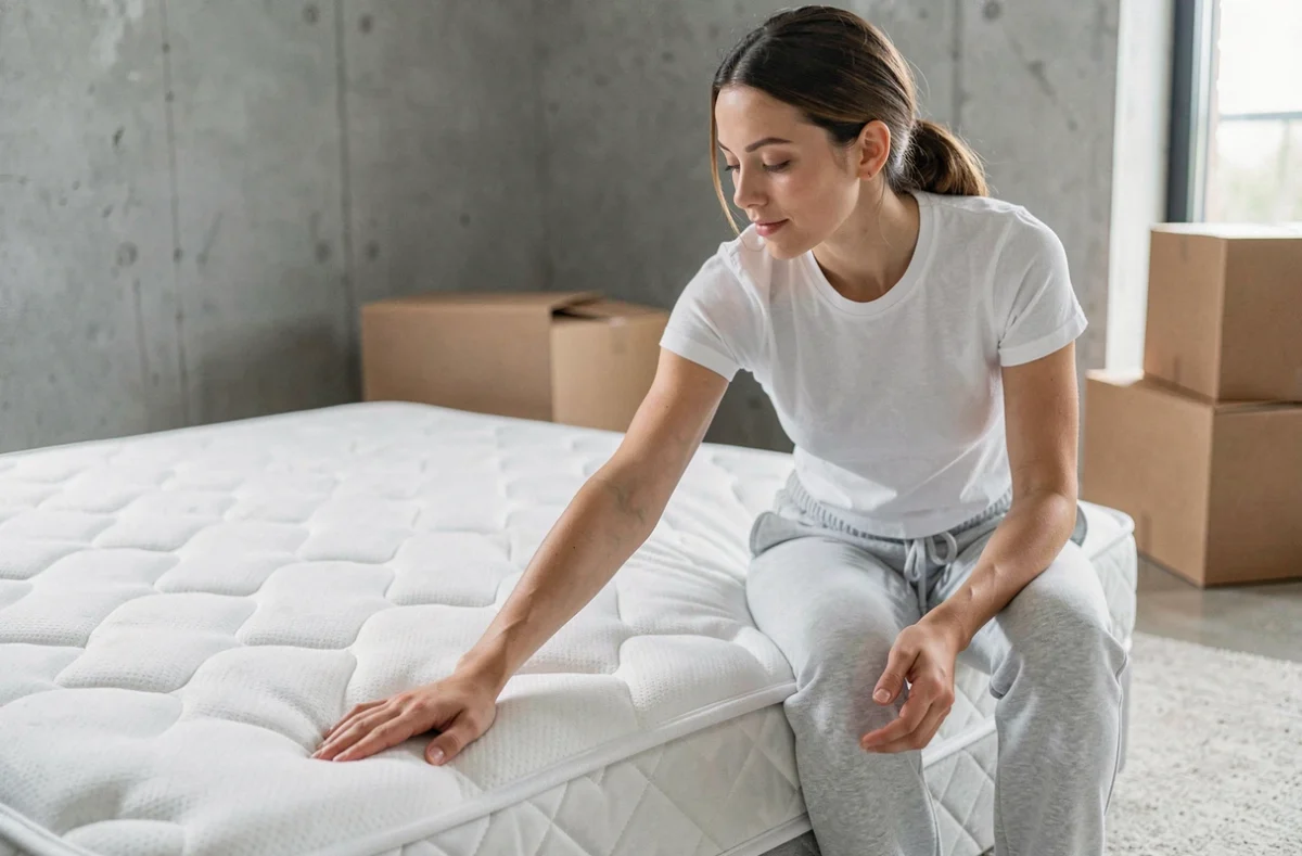 Femme testant la fermeté d'un matelas en mousse mémoire de forme dans un appartement moderne, appuyant la main sur la surface