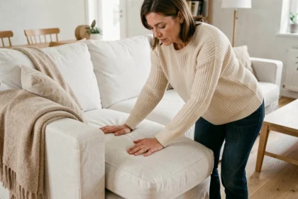 Femme testant le confort d'un coussin de canapé dans un salon scandinave moderne