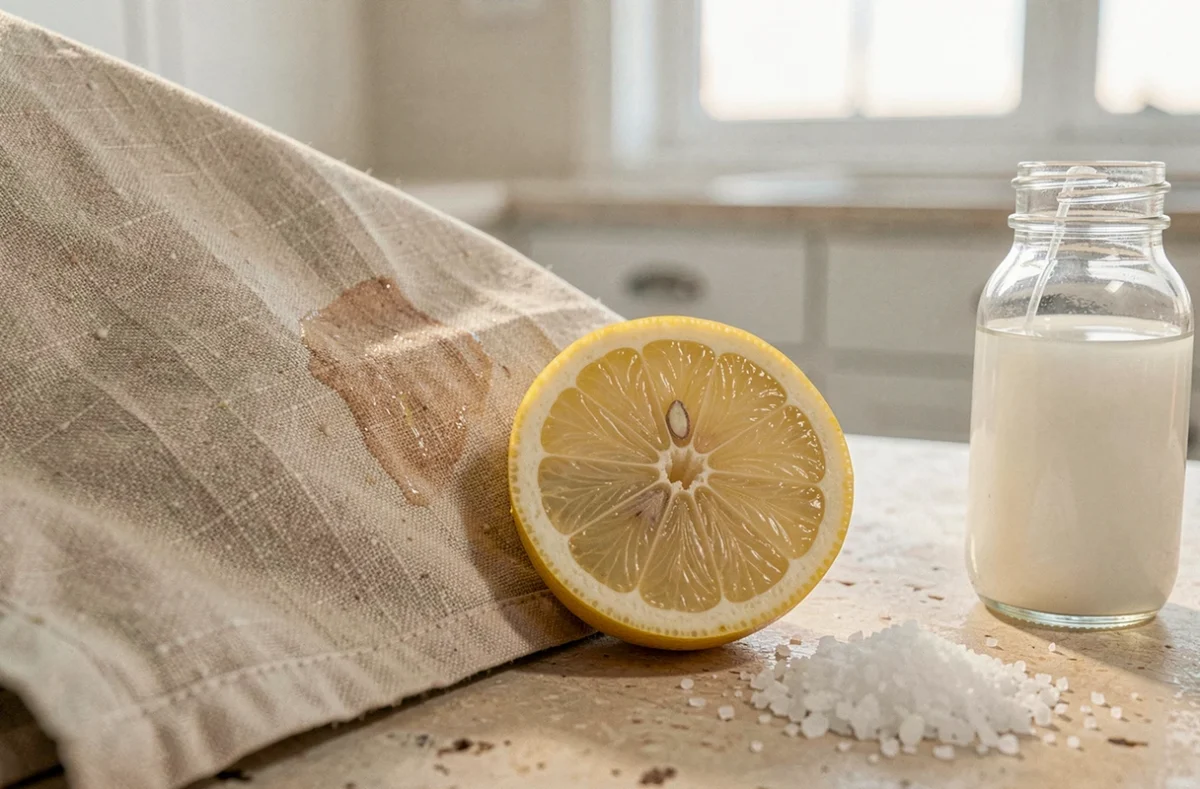 Traitement naturel d'une tache de transpiration incrustée sur une chemise en lin avec du citron, du vinaigre blanc et du sel sur un comptoir en pierre