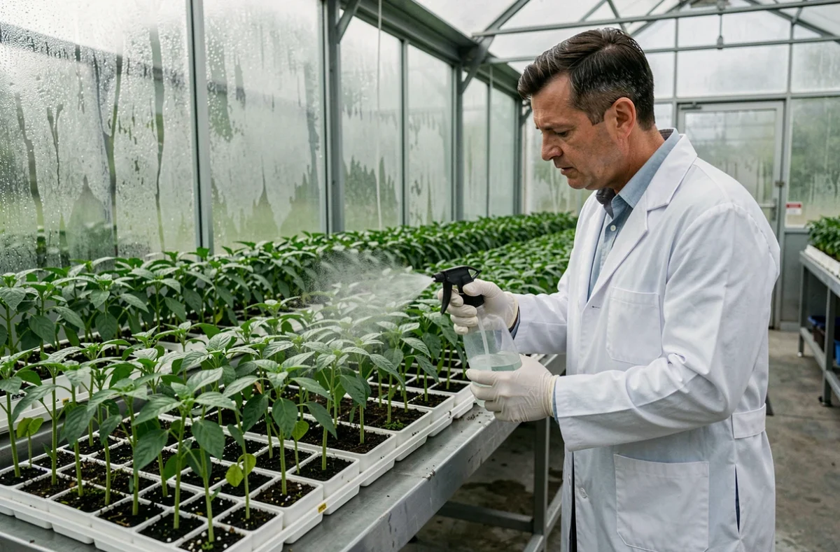 Agriculteur appliquant un traitement préventif contre les virus sur des plants de poivrons en serre commerciale