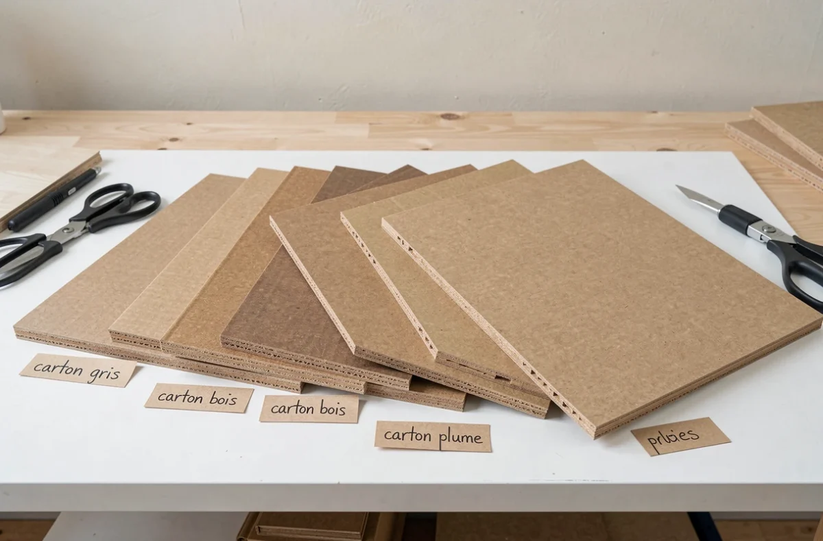 Assortiment de différents types de cartons pour cartonnage étalés sur une table d'atelier avec étiquettes