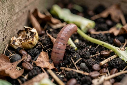 Ver de terre émergeant d'un compost riche en matière organique, gros plan macro sur la texture de la terre et des déchets végétaux décomposés